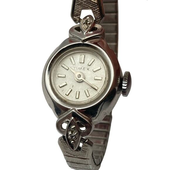 VTG Timex Rhodium Bezel Wind Up Mechanical Womens Watch-Working-Expandable Band - Picture 1 of 5